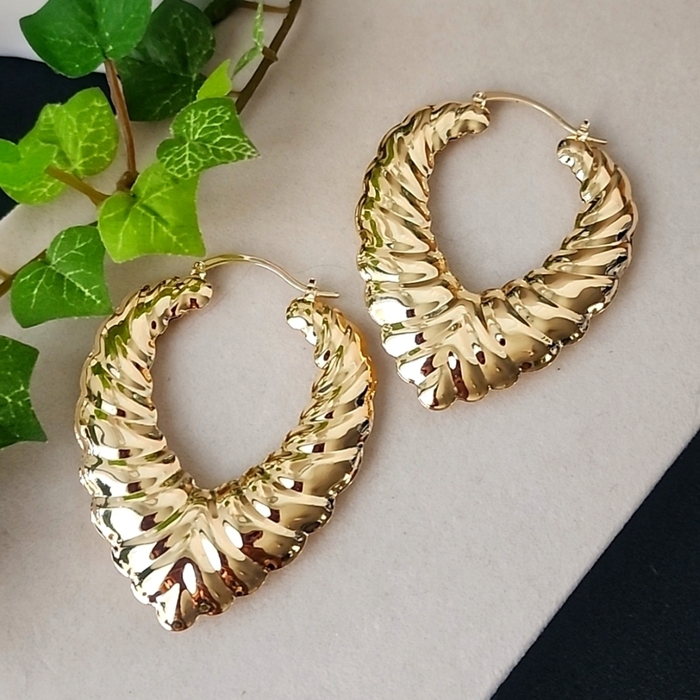 Large Statement Gold Scalloped V Shape Hoop Earrings